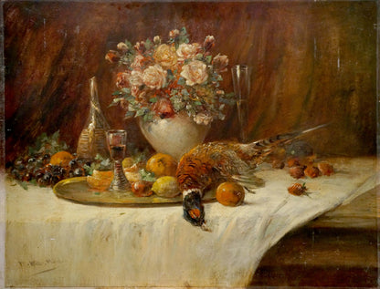 Oil painting Still life Muller Moritz: pink, cream, red roses in white vase