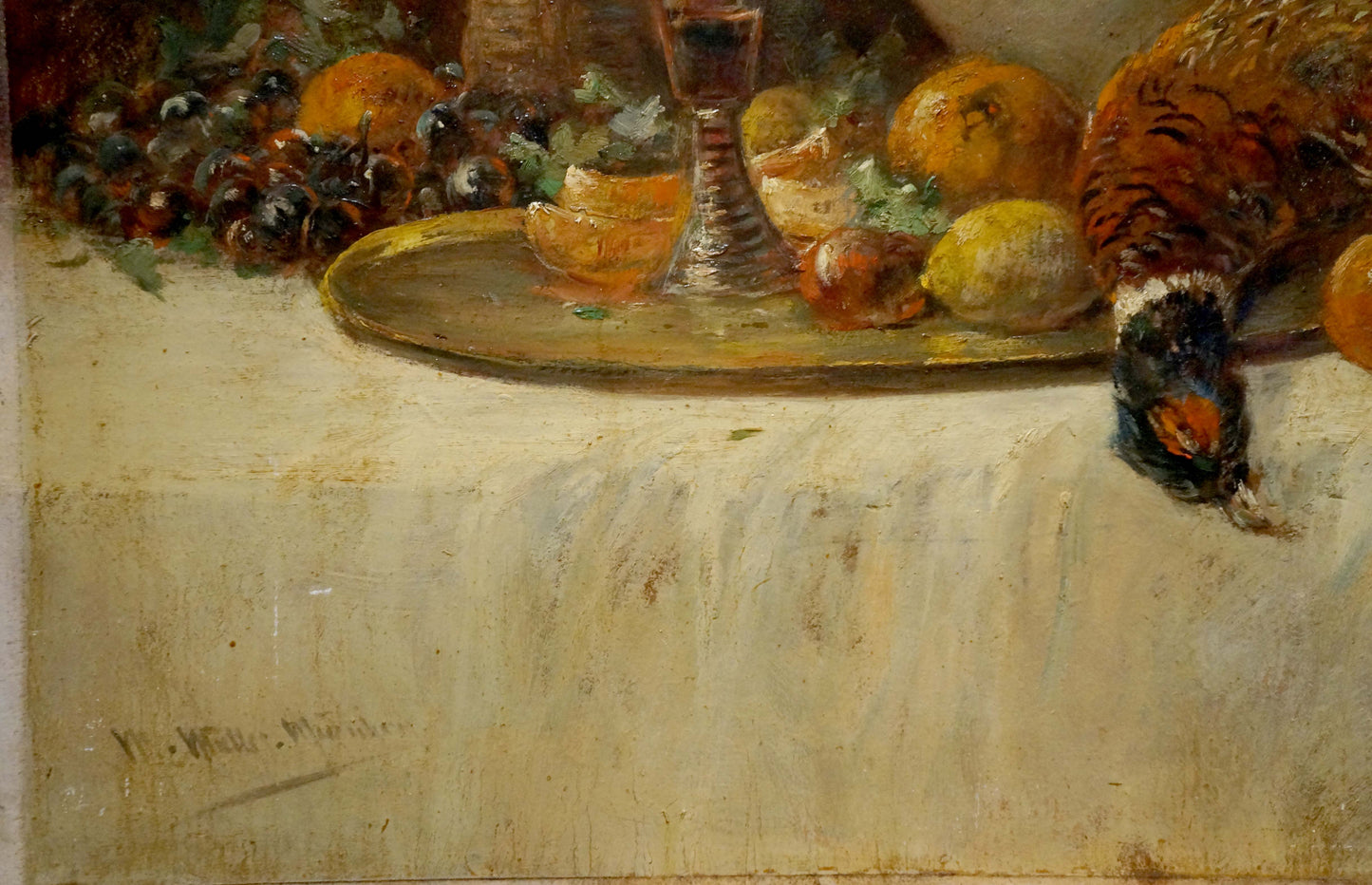 Oil painting Still life Muller Moritz: richly colored pheasant on ornate golden tray