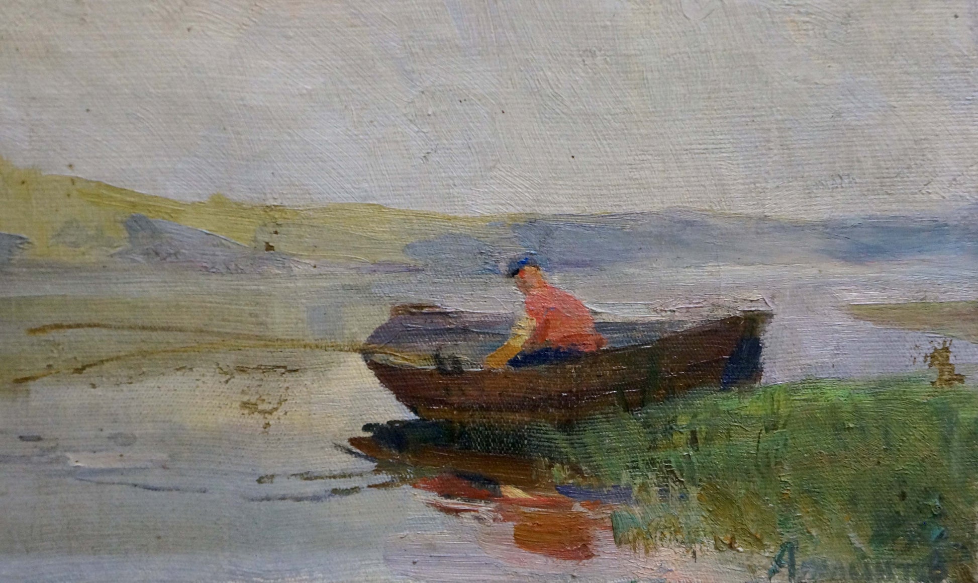 Oil painting by Atlantov Vladimir Nikolaevich of rustic rowboat with fisherman