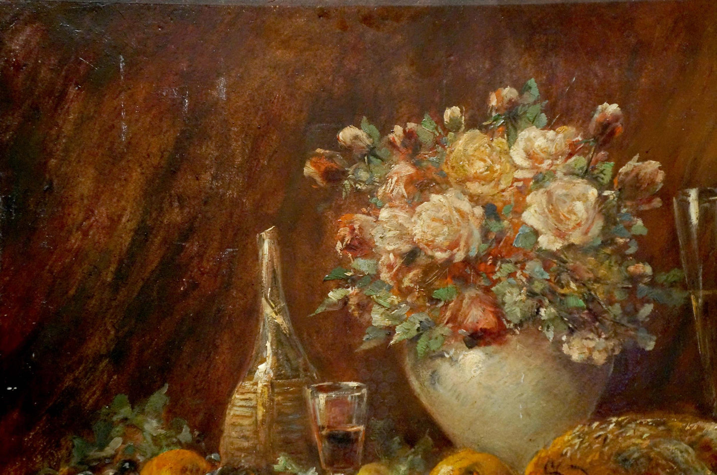 Oil painting Still life Muller Moritz: white vase with pink yellow roses