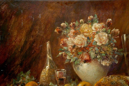 Oil painting Still life Muller Moritz: white vase with pink yellow roses