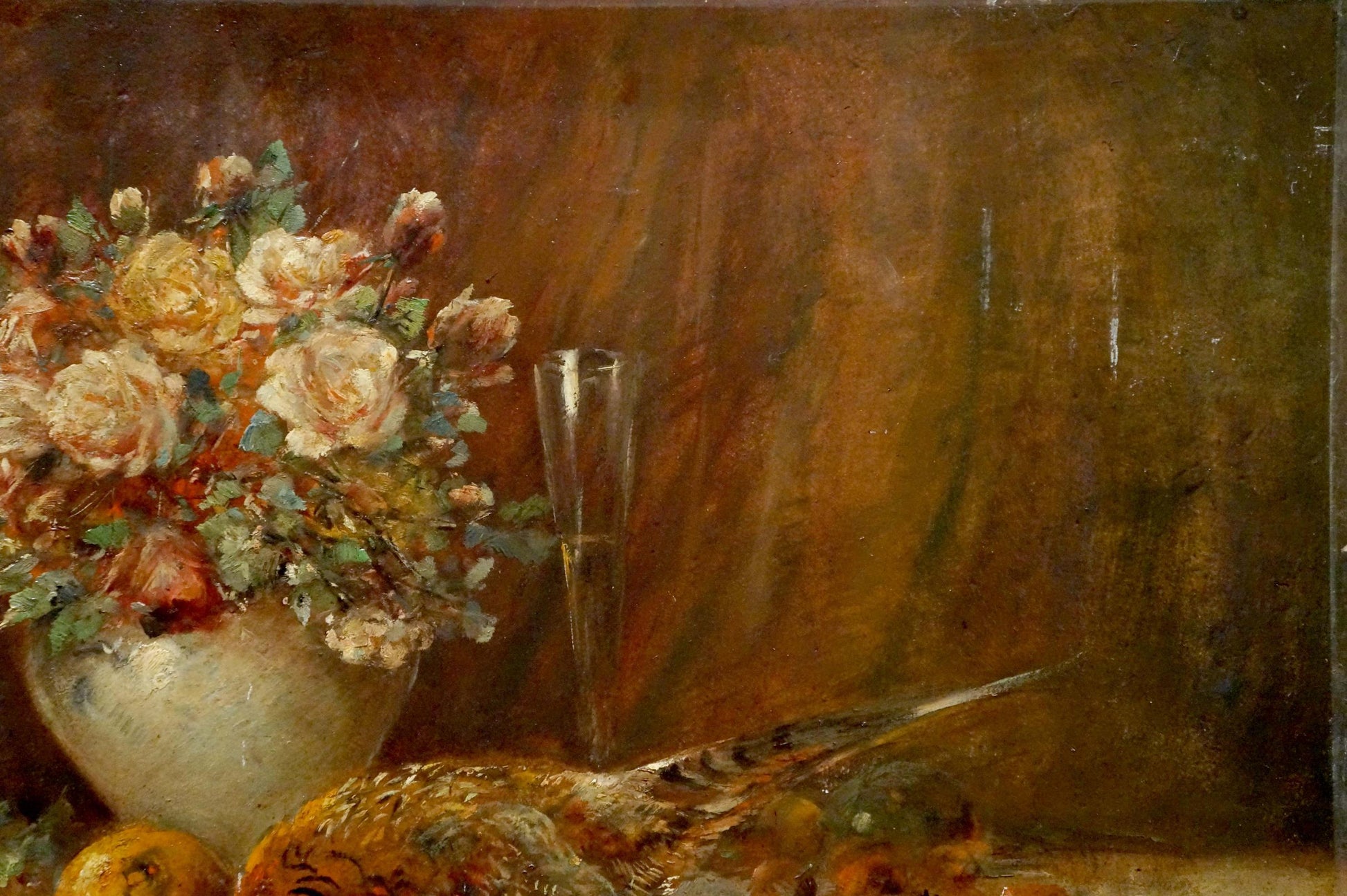 Oil painting Still life Muller Moritz: white vase with pink cream roses foliage