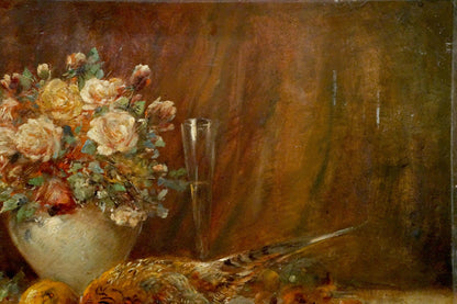 Oil painting Still life Muller Moritz: white vase with pink cream roses foliage