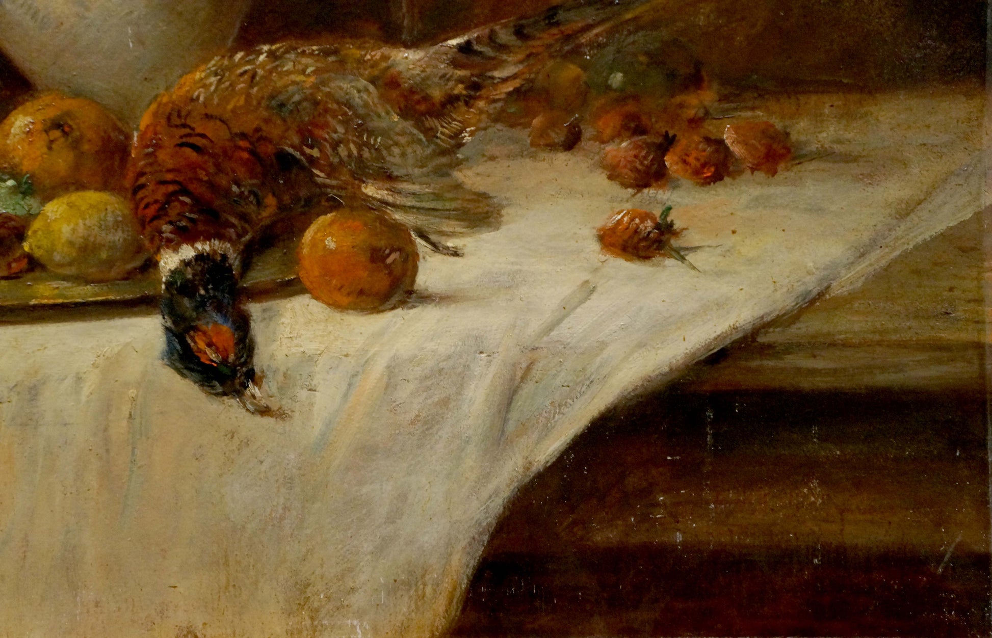 Vibrant pheasant oil painting still life by Muller Moritz with oranges lemons