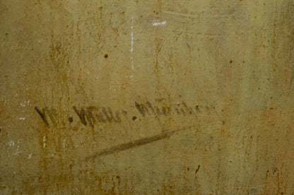 Faded signature on back of Muller Moritz oil painting still life canvas