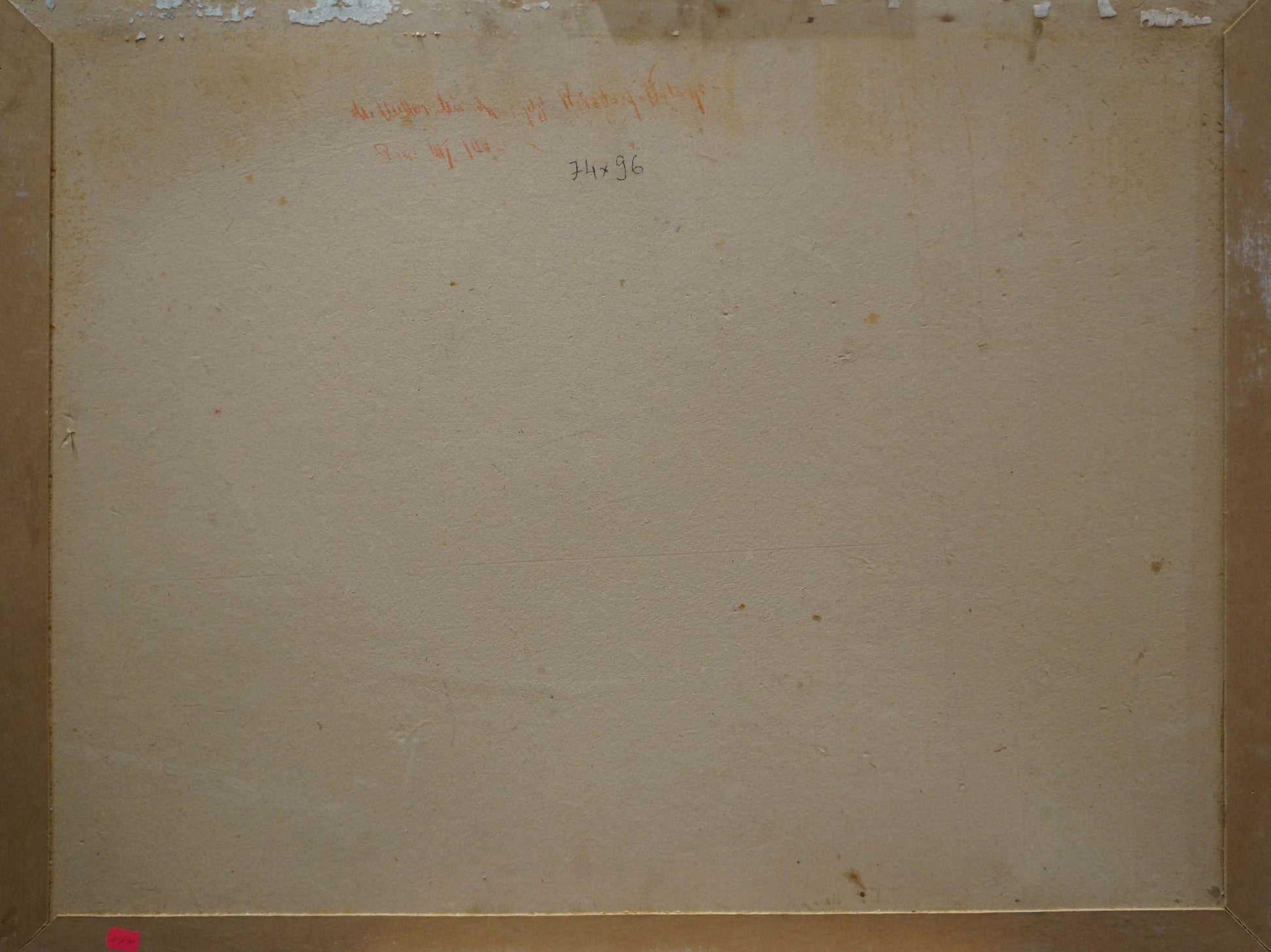 Back of framed Oil painting Still life Muller Moritz with red ink markings and dimensions