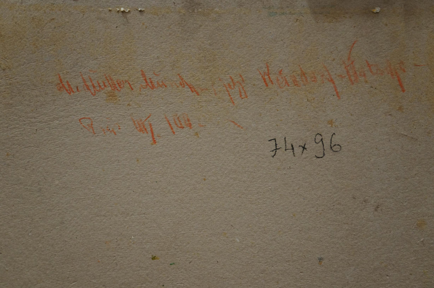 Back of Oil painting Still life Muller Moritz: textured beige wall with faint red text