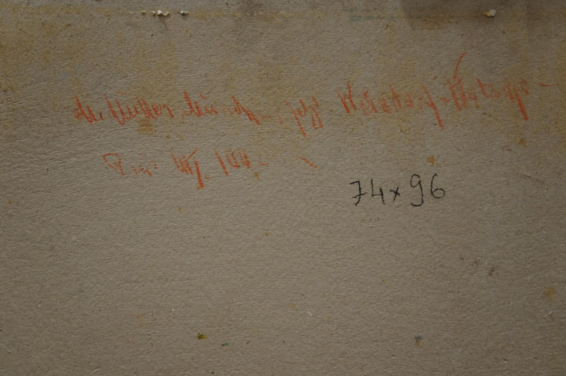 Back of Oil painting Still life Muller Moritz: textured beige wall with faint red text