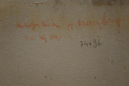 Back of Oil painting Still life Muller Moritz: textured beige wall with faint red text