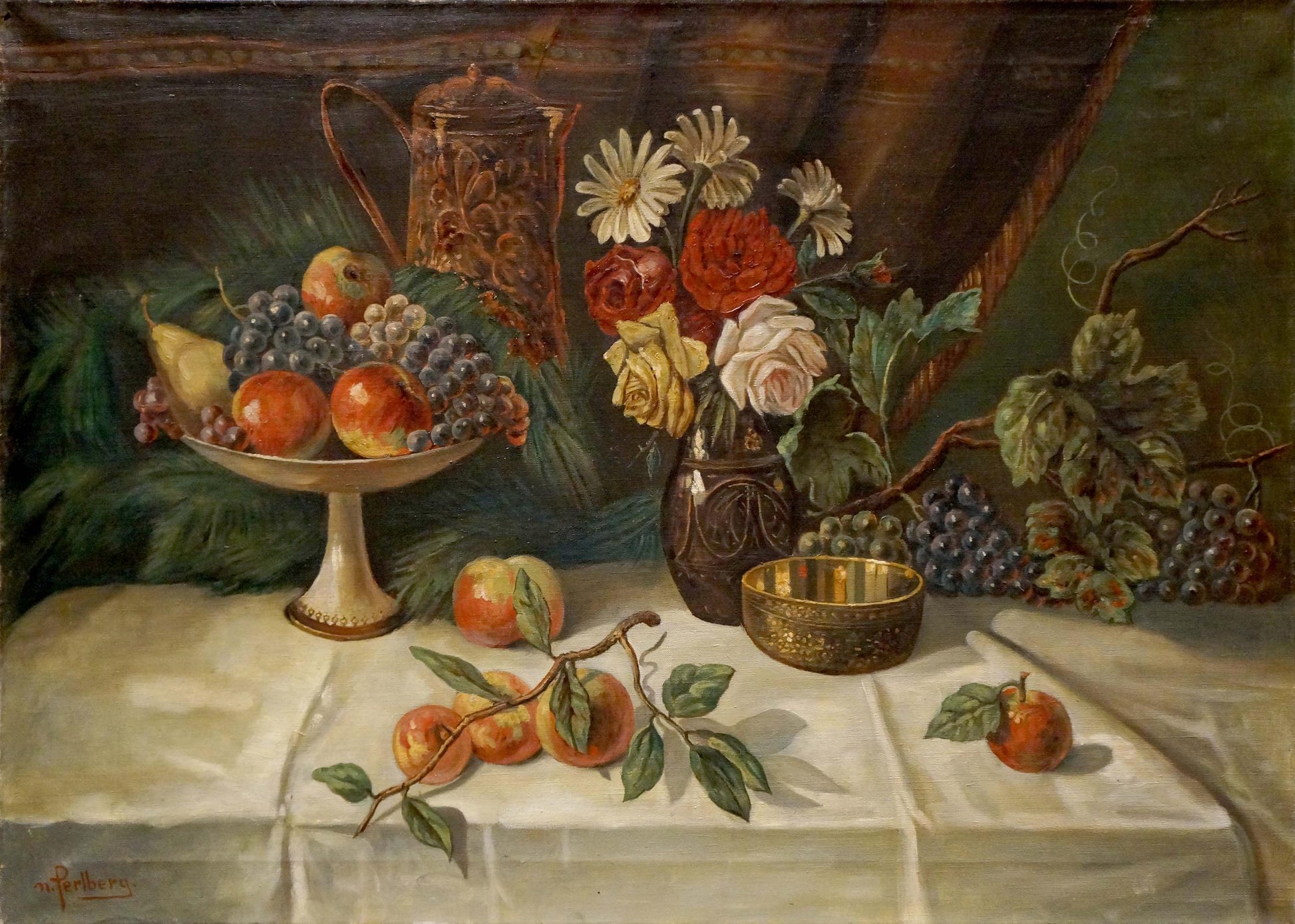 Oil painting The table is set N. Perlberg with dark ornate vase of red roses, white daisies, yellow roses