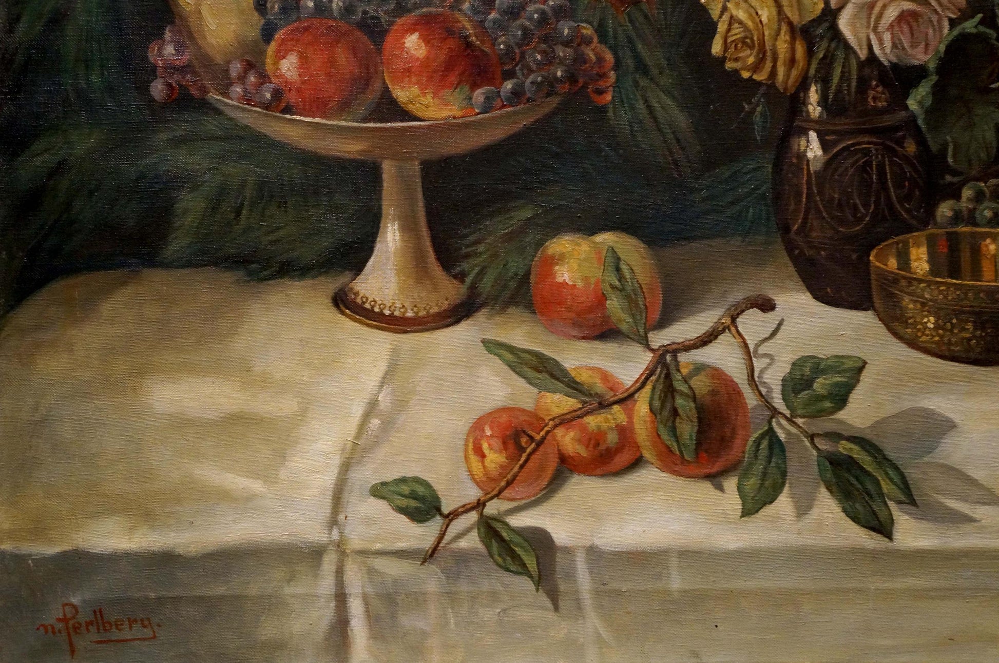 Oil painting The table is set N. Perlberg: gilded bowl with red apples and grapes