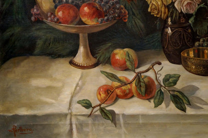 Oil painting The table is set N. Perlberg: gilded bowl with red apples and grapes