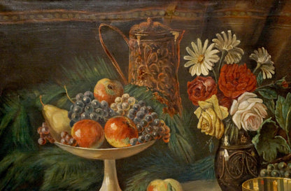 Silver engraved copper pitcher in N. Perlberg oil painting The table is set