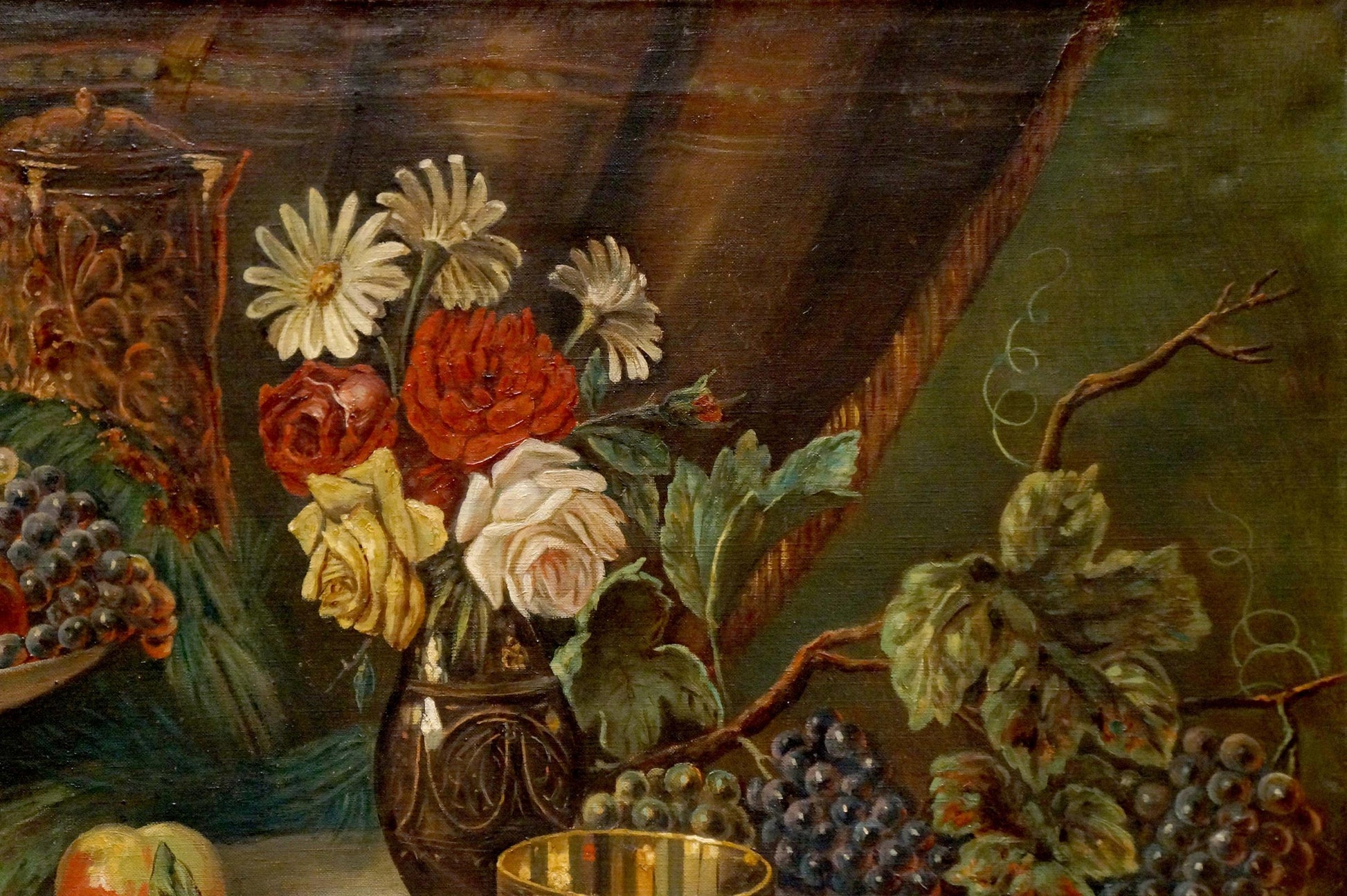 Oil painting The table is set N. Perlberg with carved vase of colorful roses and daisies