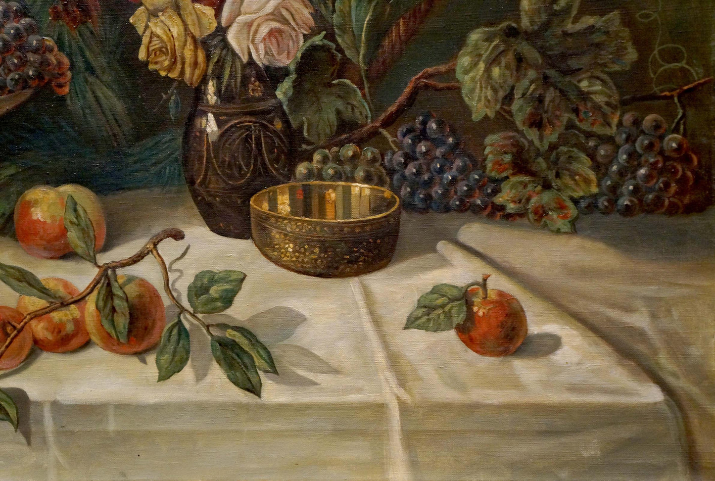 Golden ornate bowl in Oil painting The table is set N. Perlberg on white cloth