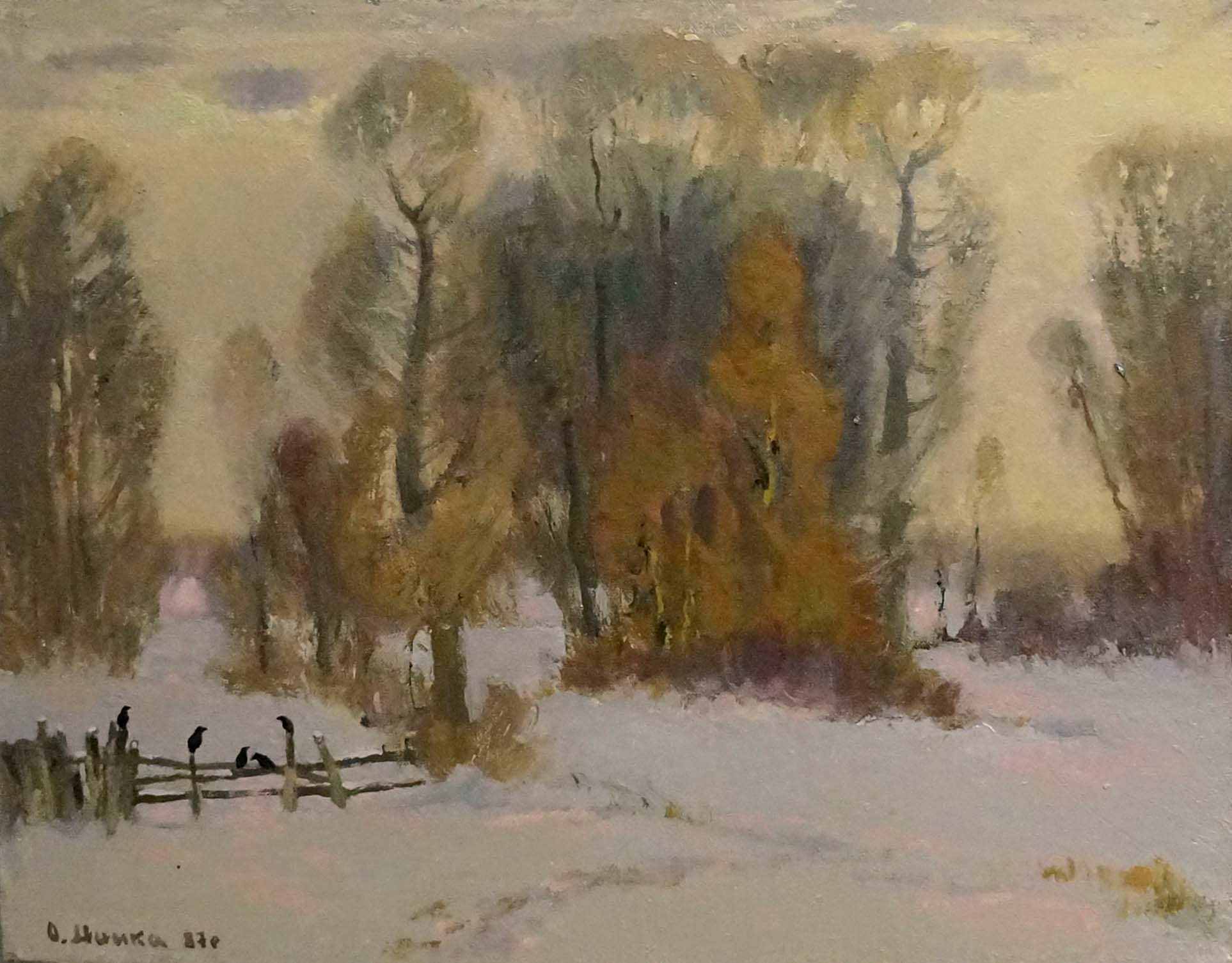 Oil painting Winter evening forest by Alexander Mynka snowy landscape