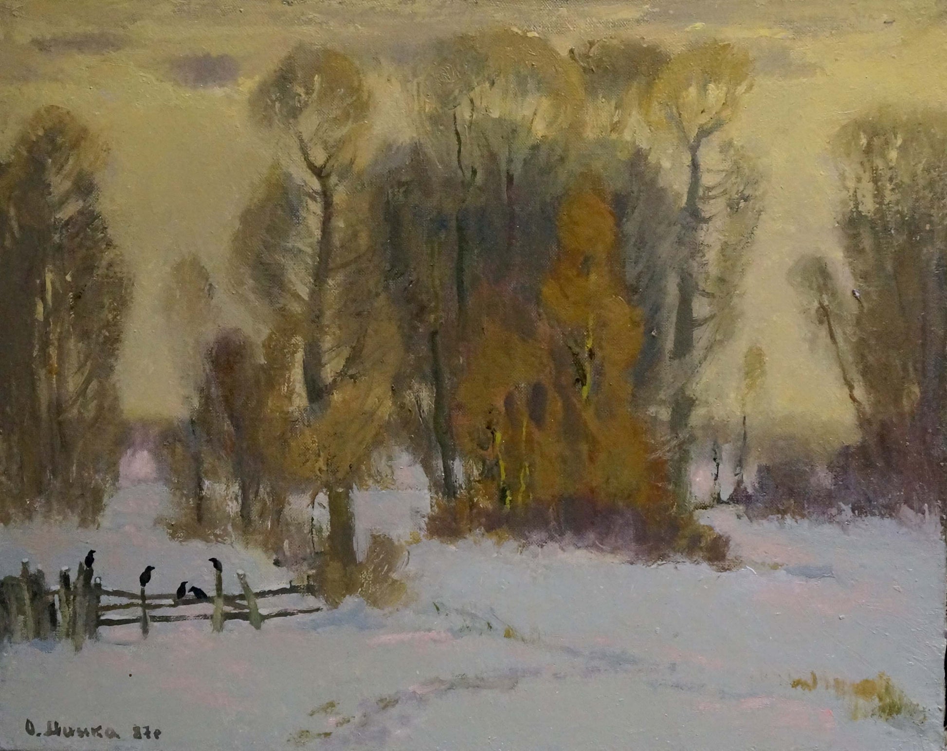 Oil painting Winter evening forest by Alexander Mynka, snowy landscape