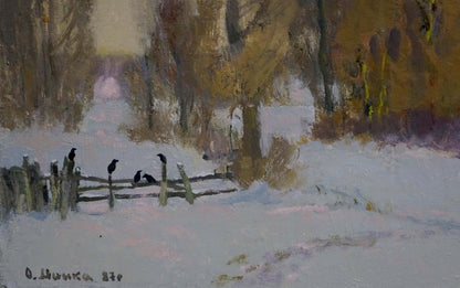 Oil painting Winter evening forest by Alexander Mynka: snowy landscape with crows on fence