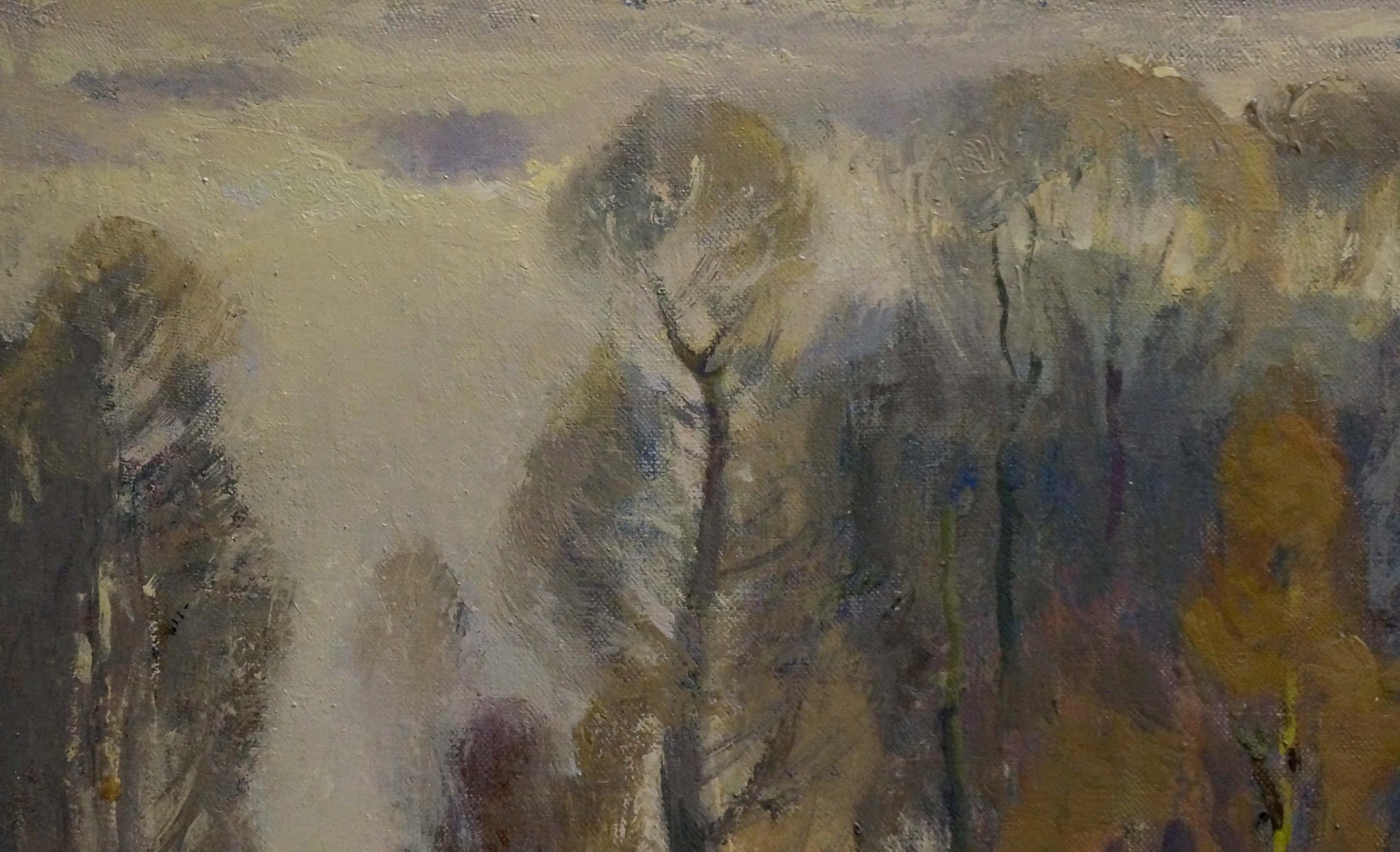 Oil painting Winter evening forest by Alexander Mynka, textured trees in muted tones