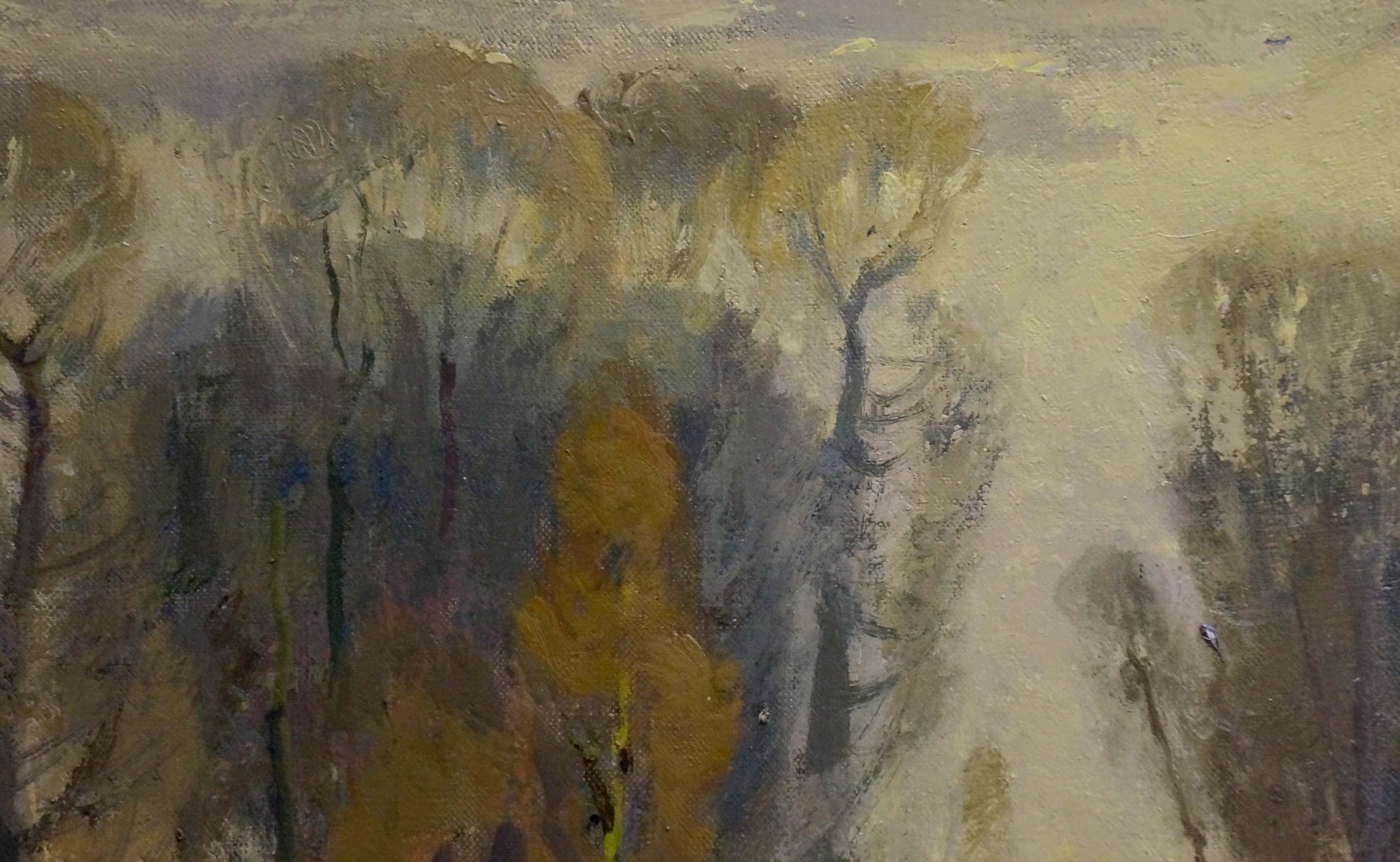 Oil painting Winter evening forest by Alexander Mynka in ochre and greens