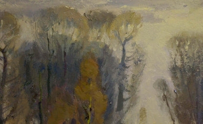 Oil painting Winter evening forest by Alexander Mynka in ochre and greens