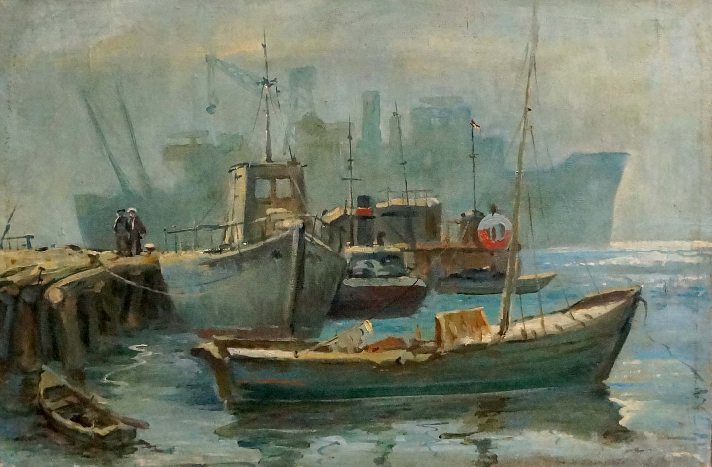 Oil painting of weathered teal wooden fishing boat moored near industrial docks