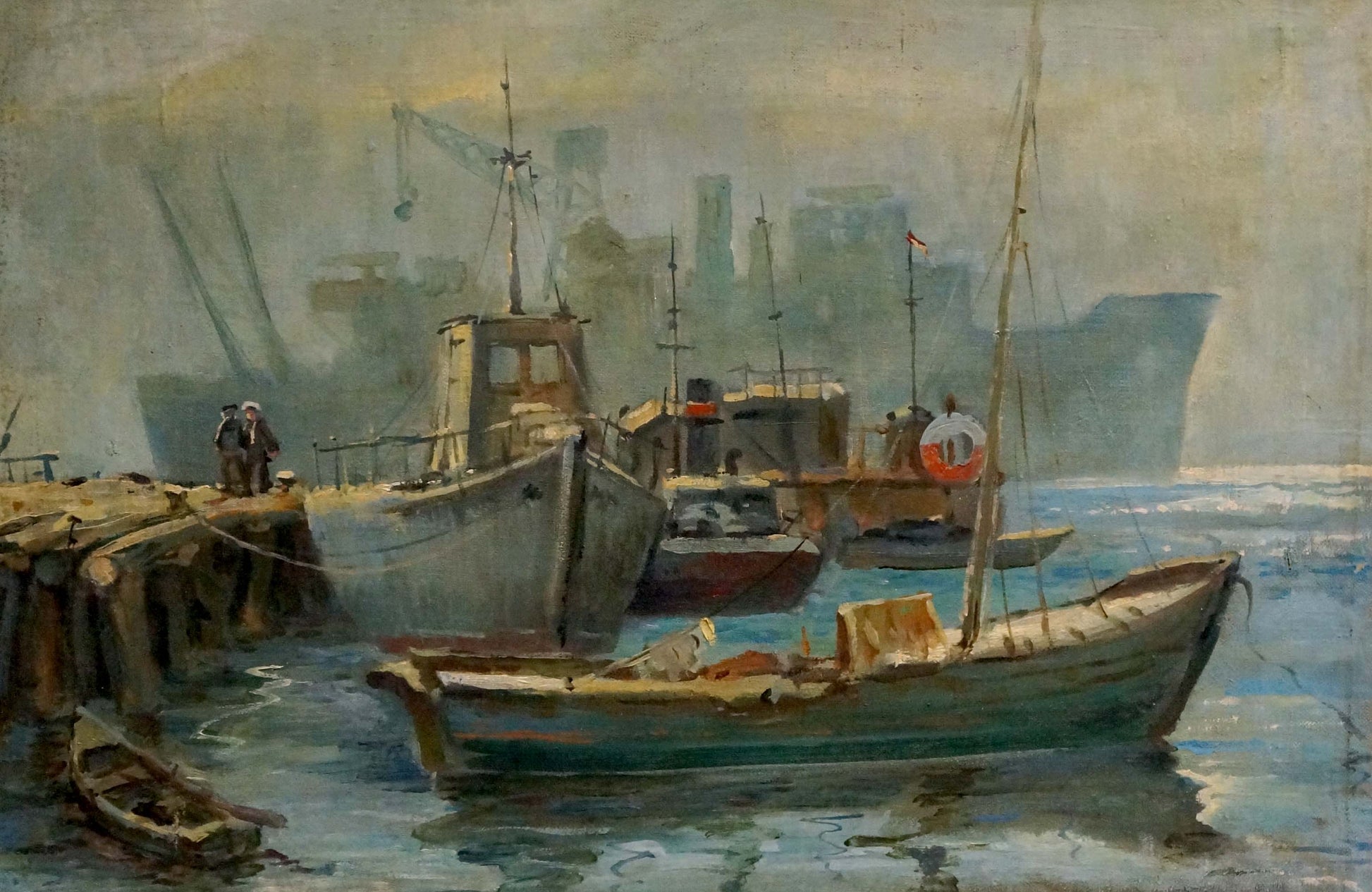 Oil painting of weathered teal fishing boat moored in industrial harbor