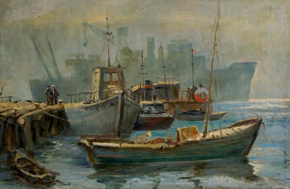 Oil painting of weathered teal fishing boat moored in industrial harbor