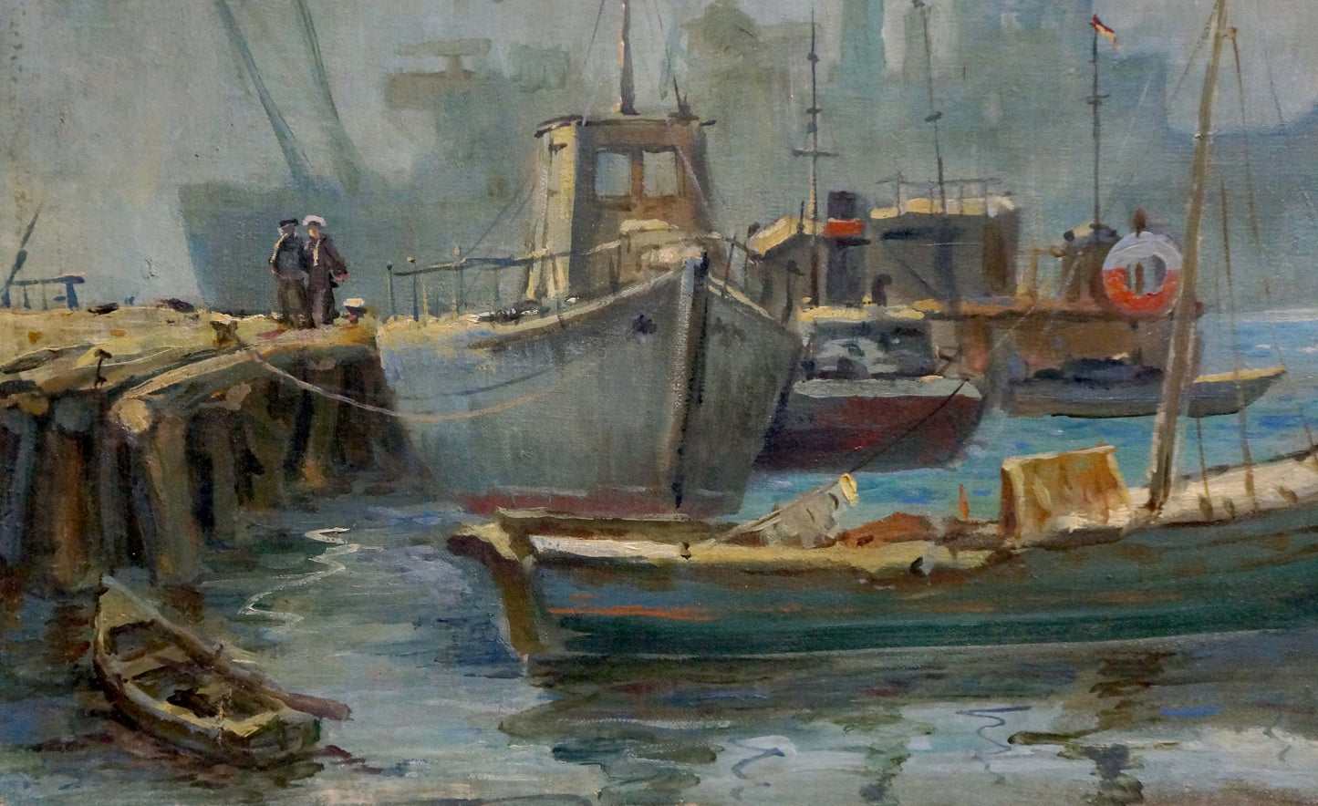 Oil painting Sail: weathered grayish-blue fishing boat at dock