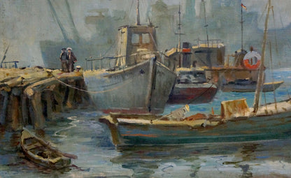 Oil painting Sail: weathered grayish-blue fishing boat at dock