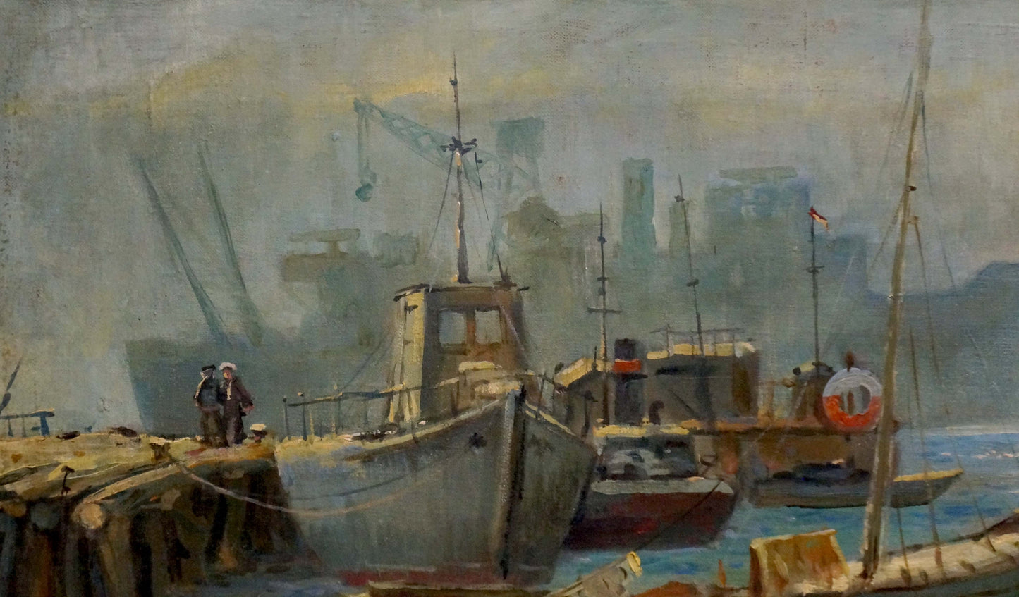 Oil painting of muted gray fishing boat with wooden cabin and tall mast in harbor