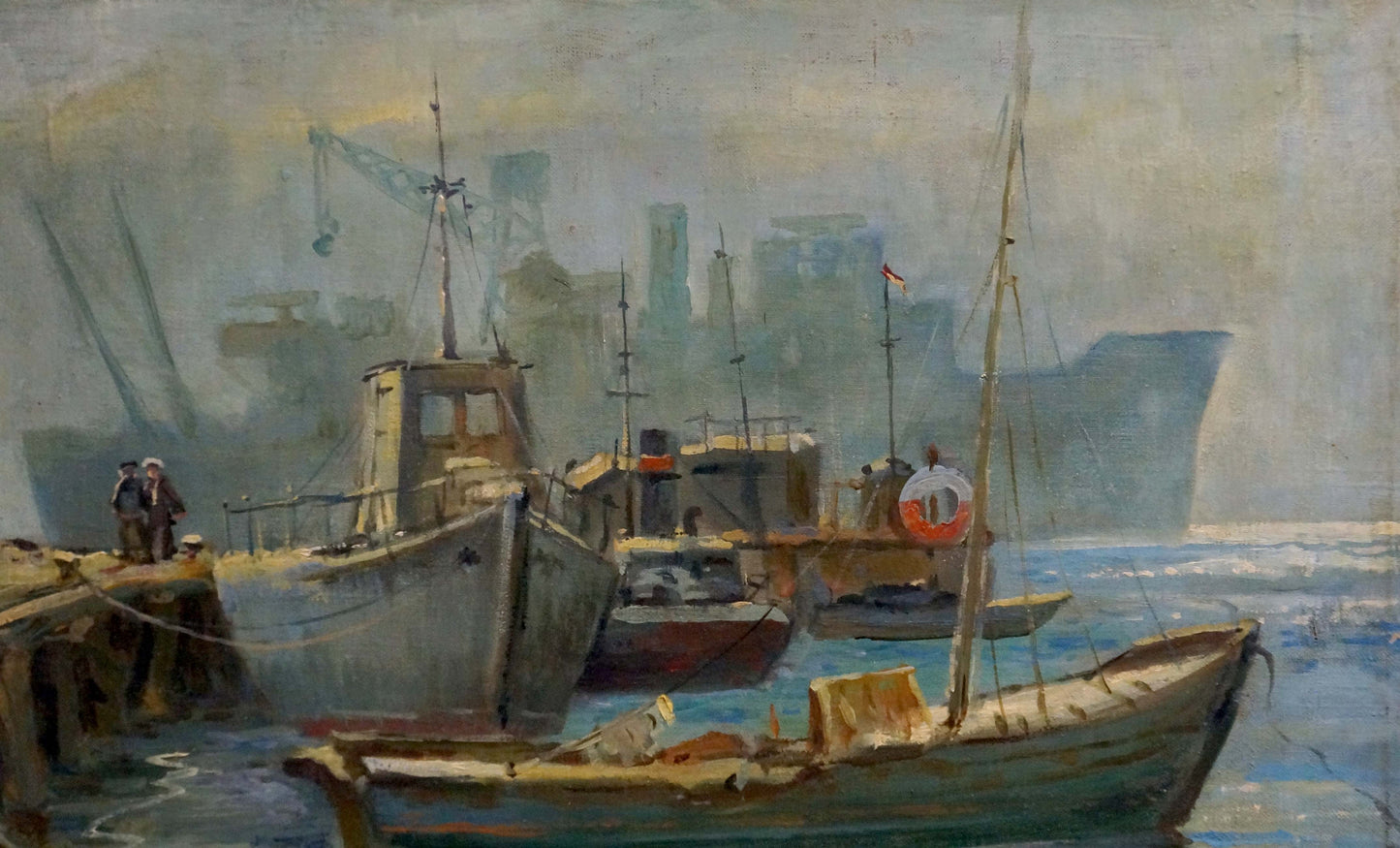 Oil painting of weathered wooden fishing boat in misty harbor
