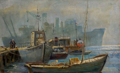 Oil painting of weathered wooden fishing boat in misty harbor