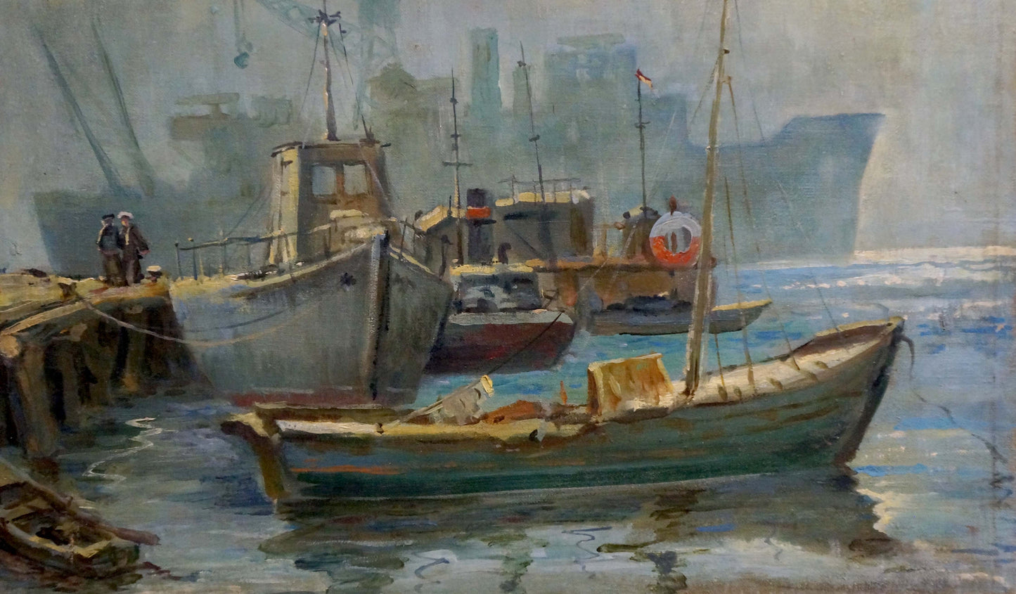 Oil painting of weathered teal fishing boat with yellowish interior docked in calm water