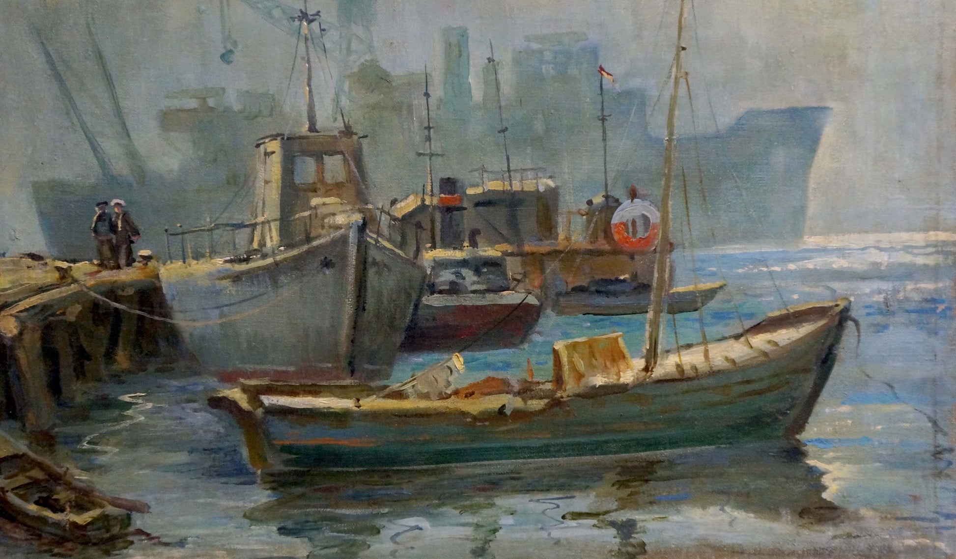 Oil painting of weathered teal fishing boat with yellowish interior docked in calm water