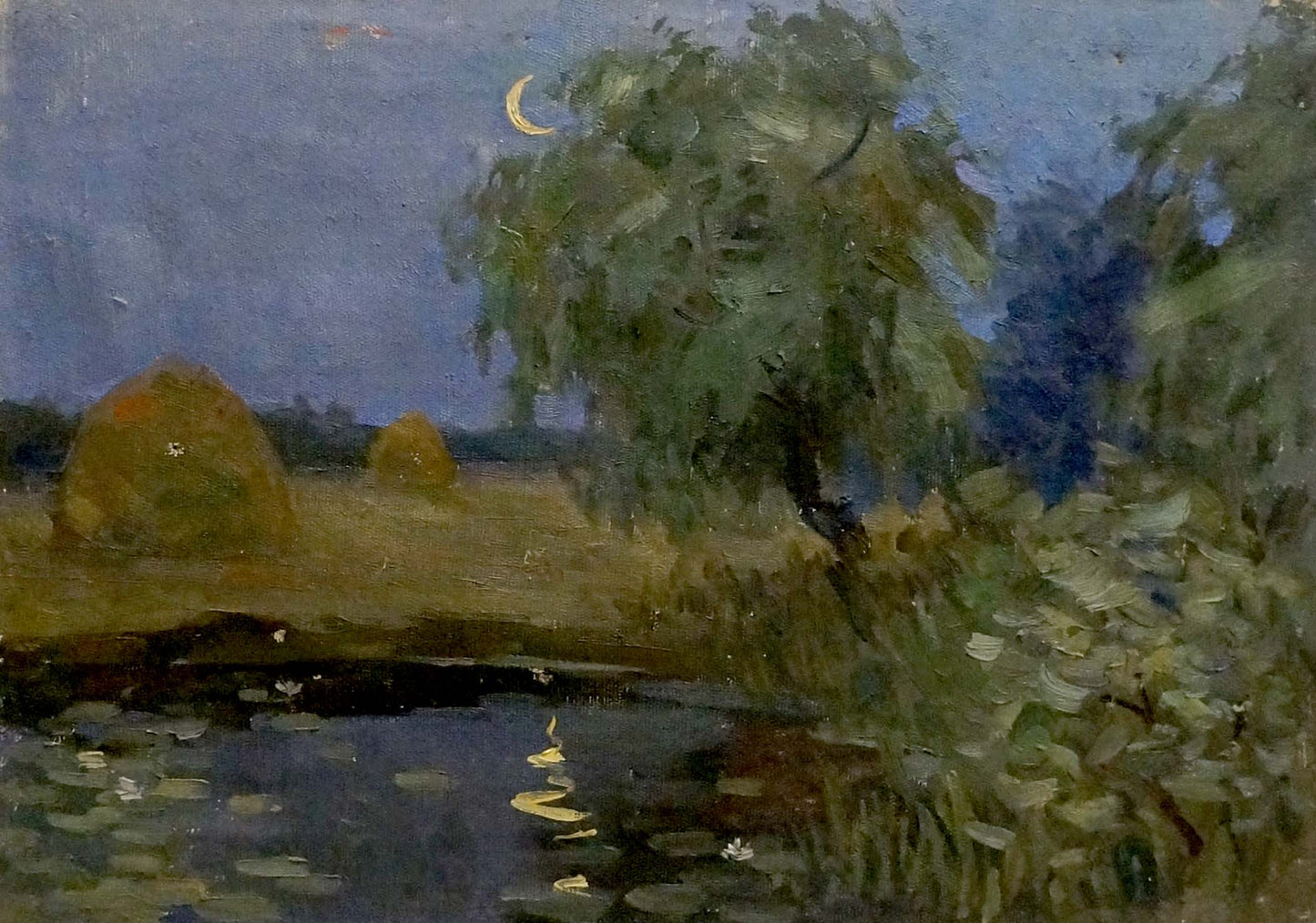 Oil painting Night romance: crescent moon over lush trees, hay bales, lily pads