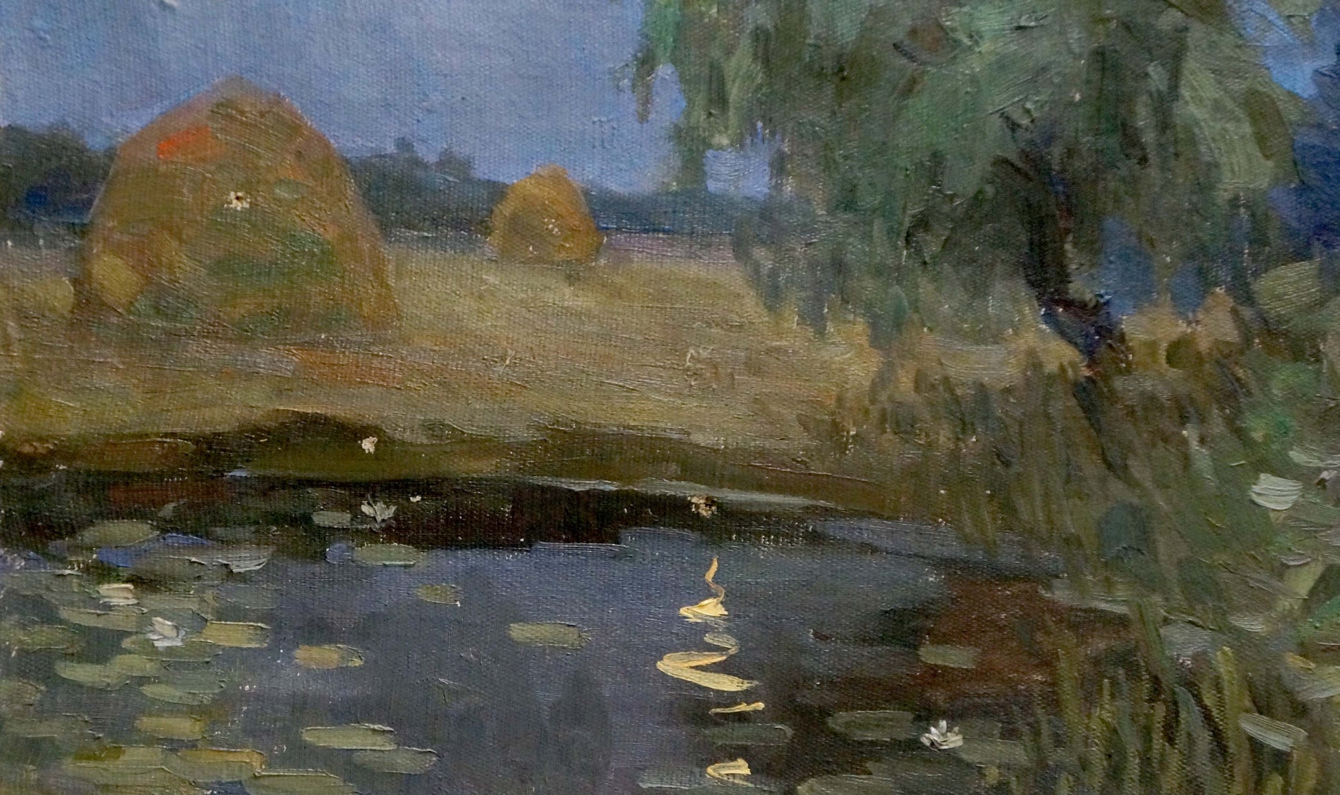 Rustic Night Romance oil painting of golden hay bales by lily pad pond