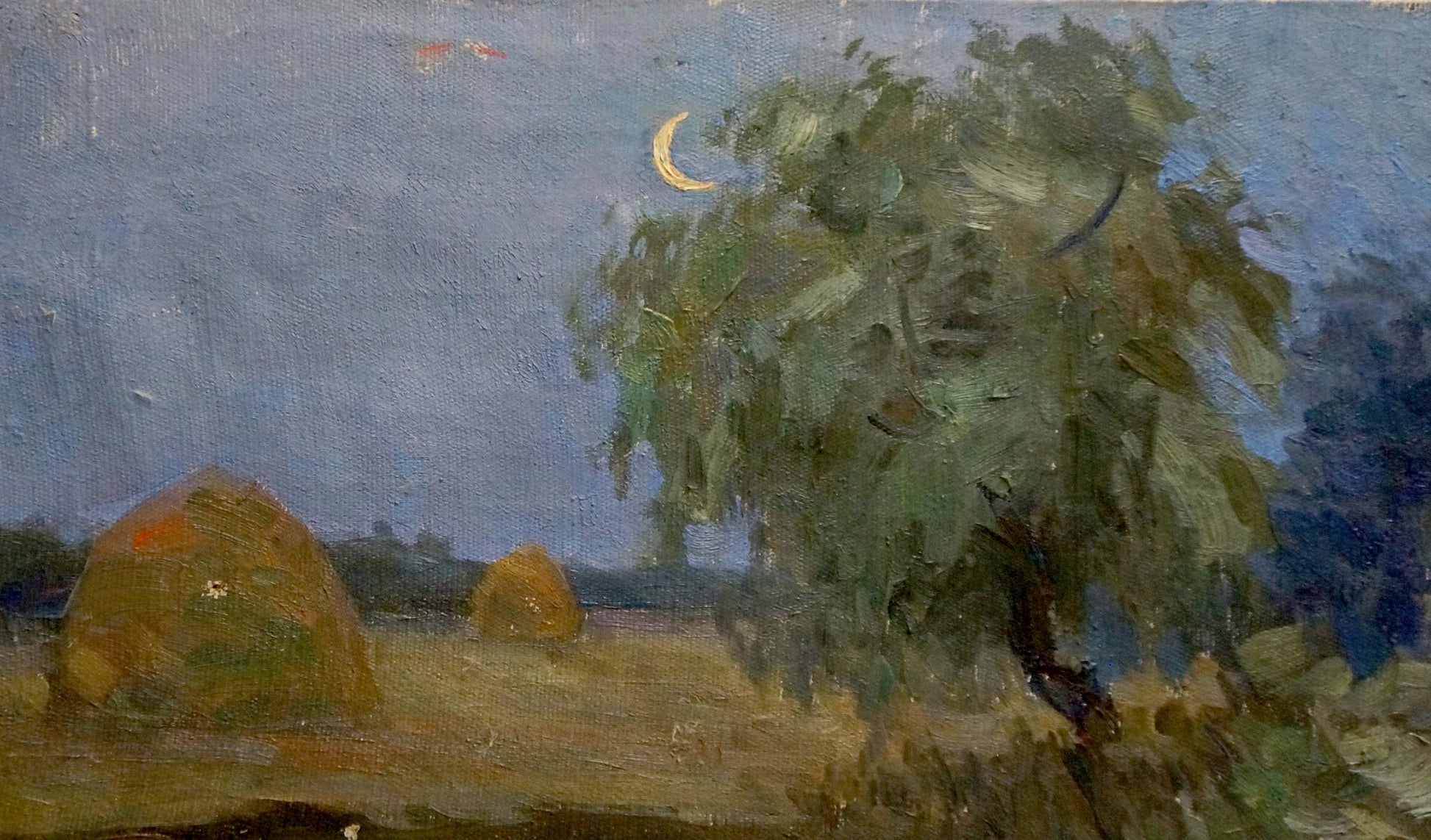 Oil painting Night romance: golden hay bales under moonlit sky with tree
