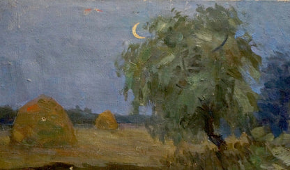 Oil painting Night romance: golden hay bales under moonlit sky with tree