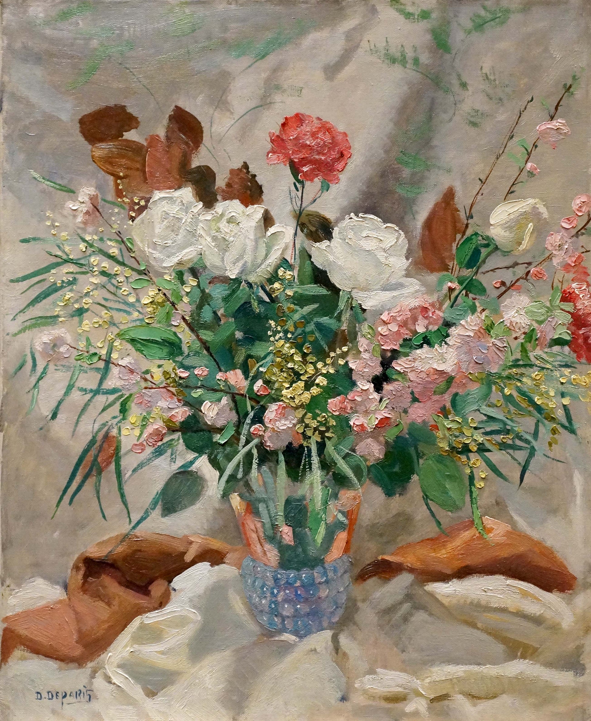 Oil painting of vibrant floral bouquet in blue textured glass vase by D. Deparis