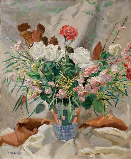 Oil painting of vibrant floral bouquet in blue textured glass vase by D. Deparis