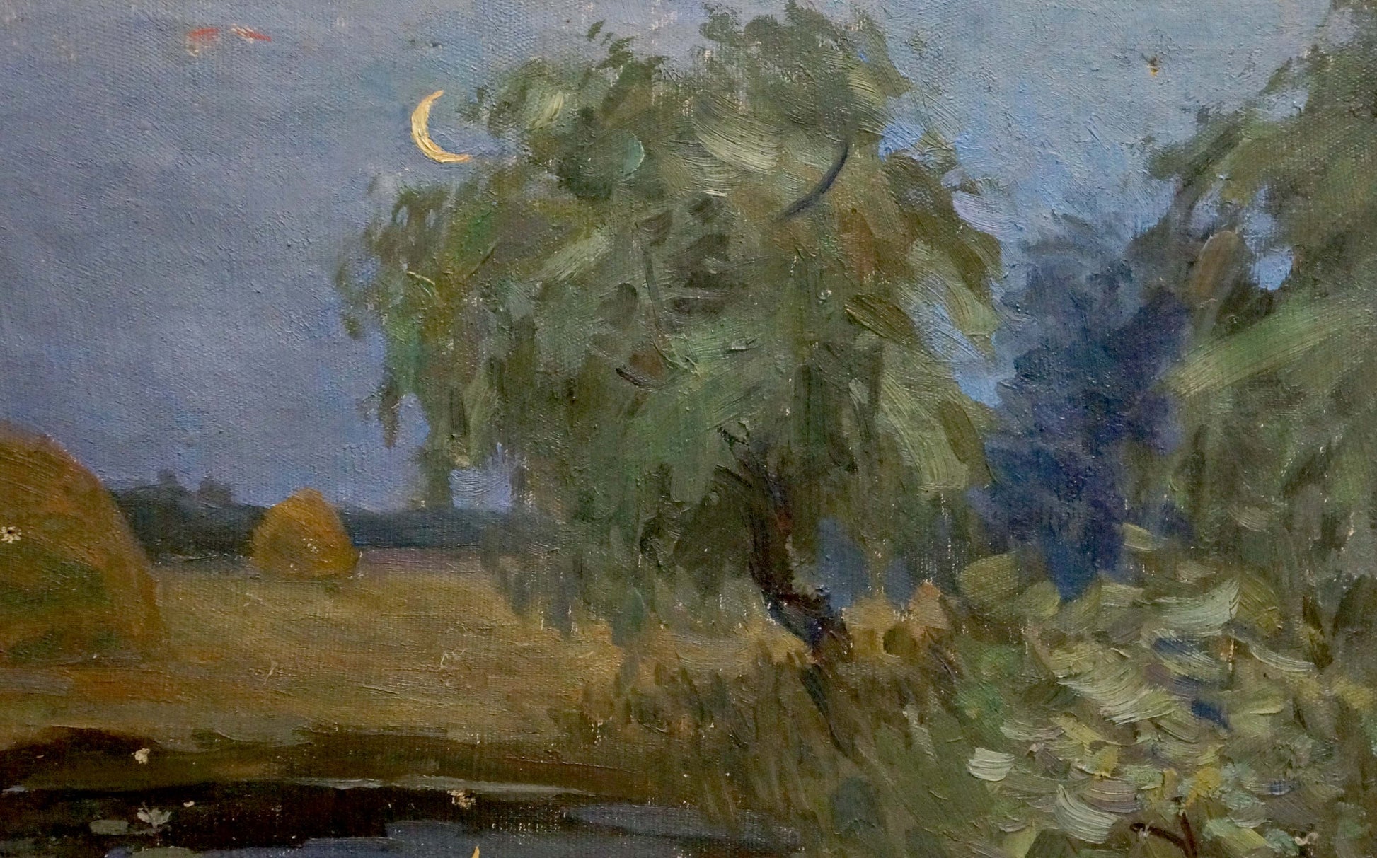 Oil painting Night romance: lush green tree under dusky sky with crescent moon