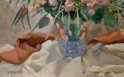 Oil painting of pink and green bouquet in blue textured vase by D. Deparis