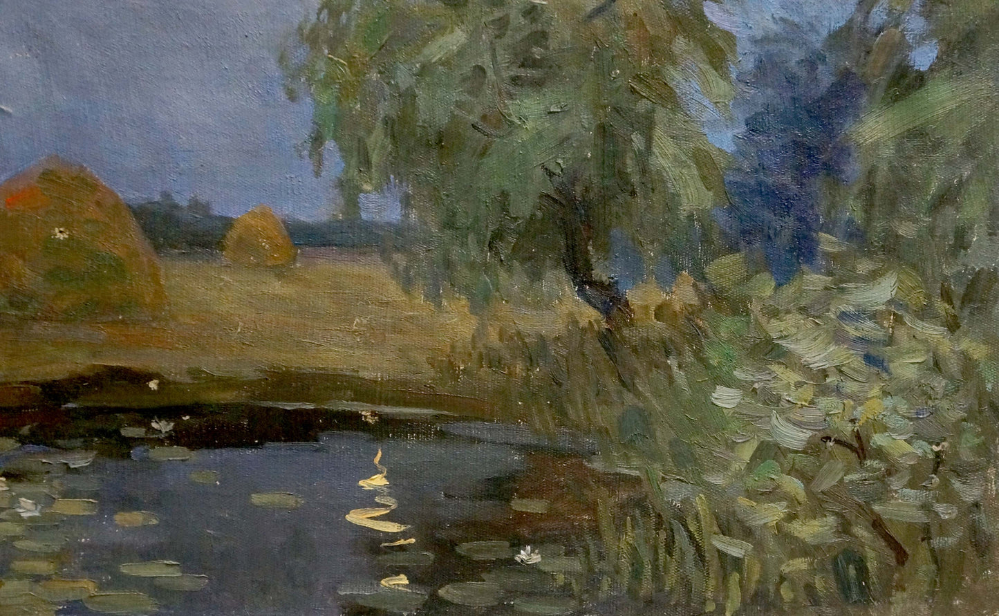 Serene impressionistic oil painting of tranquil pond in Night romance