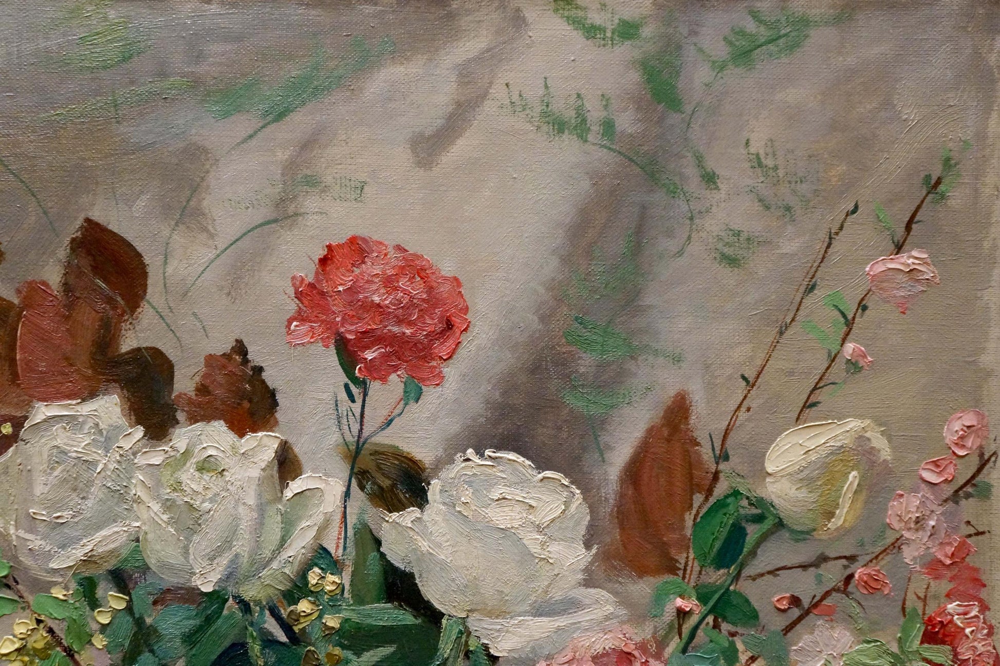 Vibrant red carnation in white and pink roses oil painting by D. Deparis