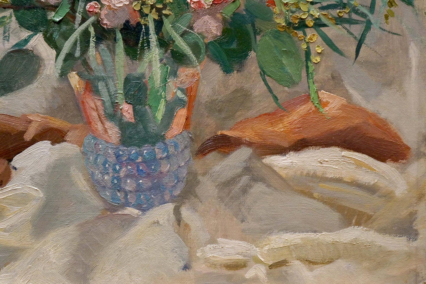 Oil painting of bouquet by D. Deparis in blue textured ceramic vase