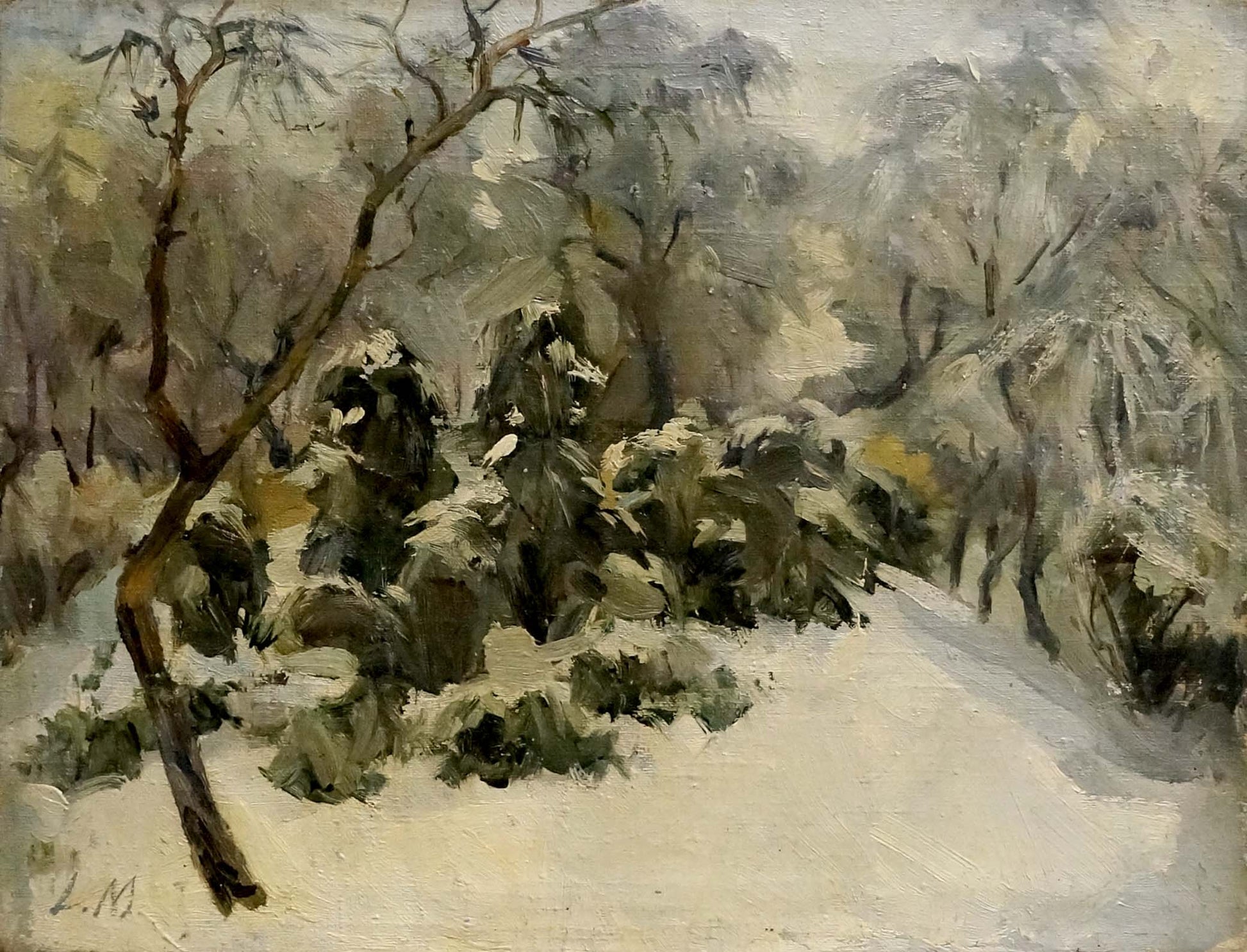 Oil painting of snowy forest path through bare trees by unknown artist