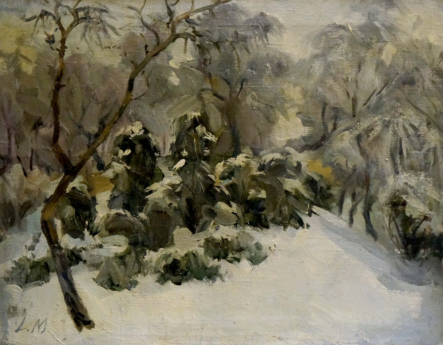 Oil painting of snowy forest path through bare trees by unknown artist
