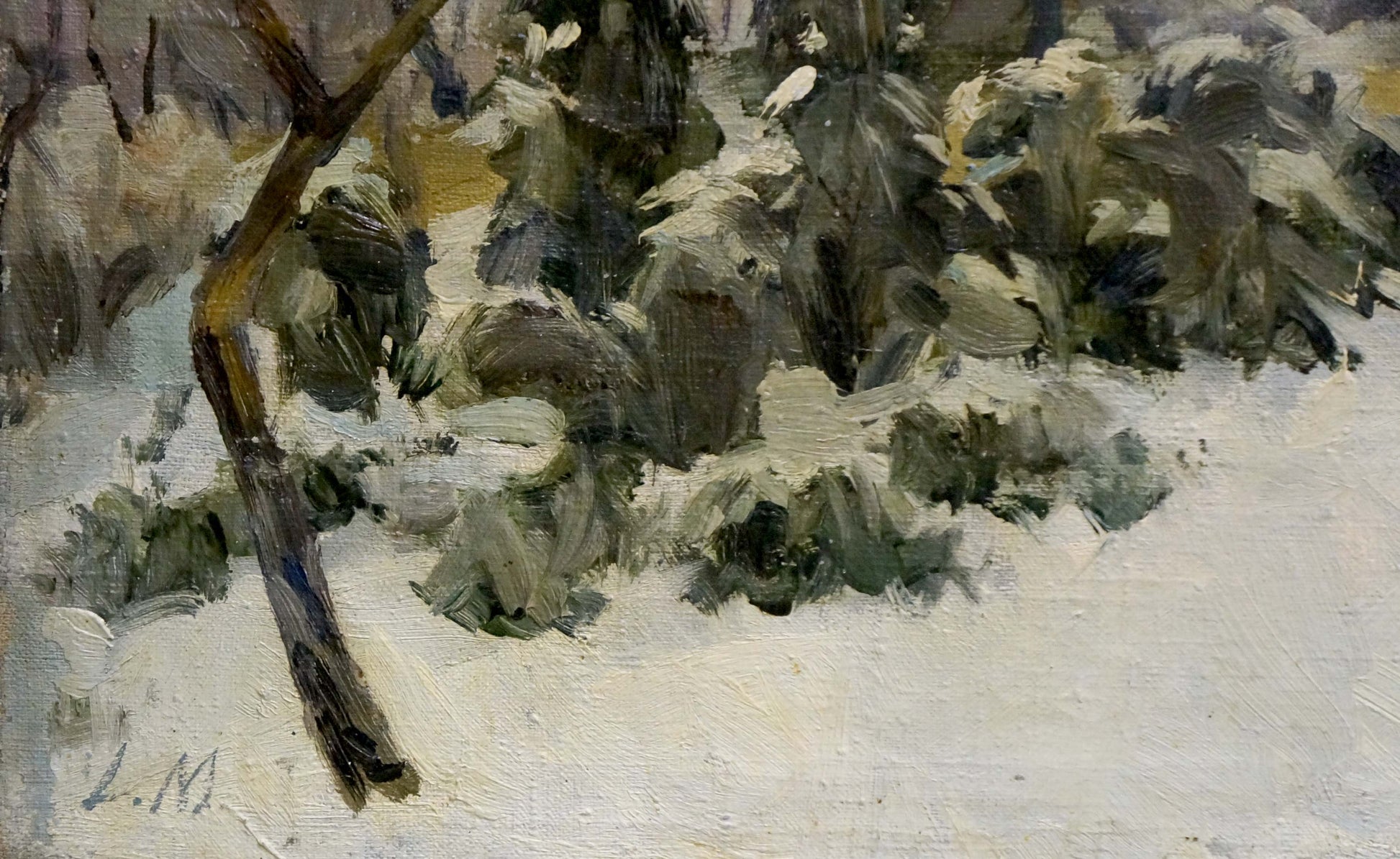 Oil painting of snow-covered forest shrubs and leaning tree branch