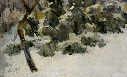 Oil painting of snow-covered forest shrubs and leaning tree branch